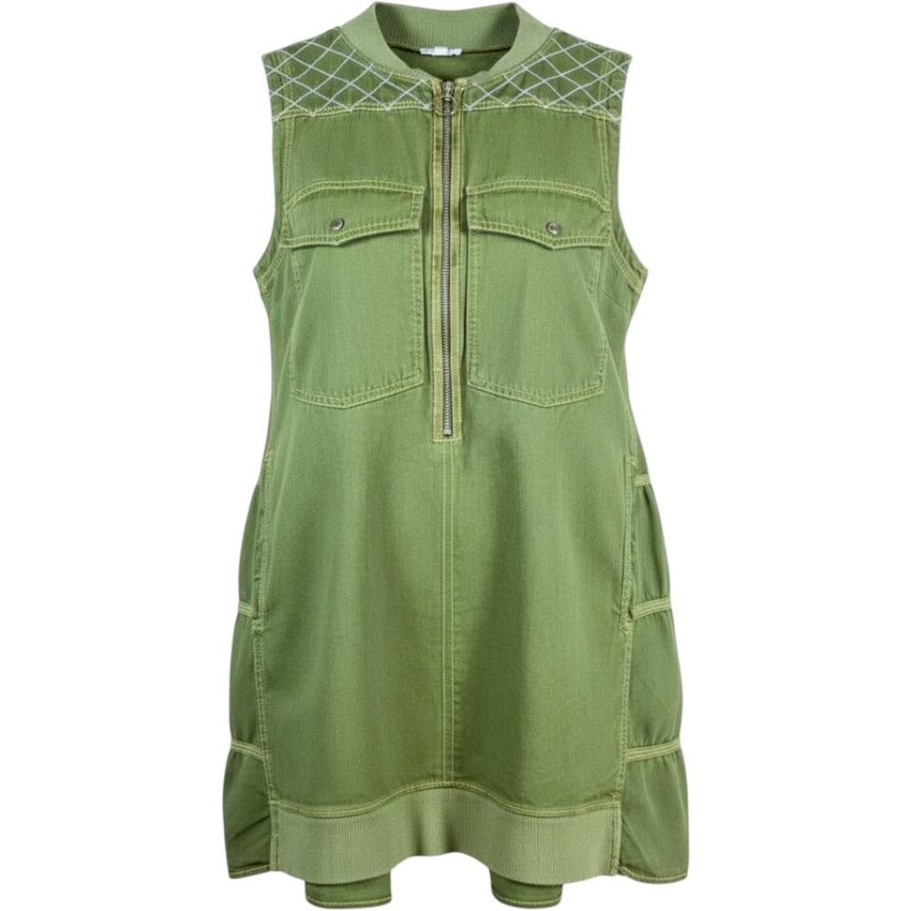 Pilcro Anthropologie Utility Mini Dress Med Olive Green Zip Front Tiered Cotton
